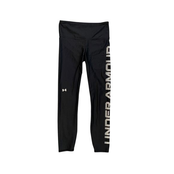 Under Armour Leggings Womens S Small Black White HeatGear Spellout Logo Sides - Picture 1 of 10